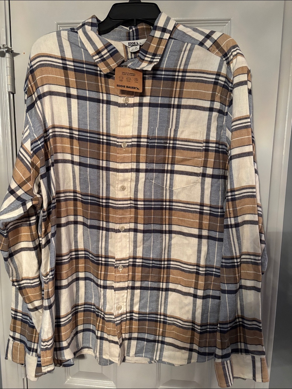 Eddie Bauer White Blue & Gold Plaid Button-Down Field Flannel Flex Shirt NWT